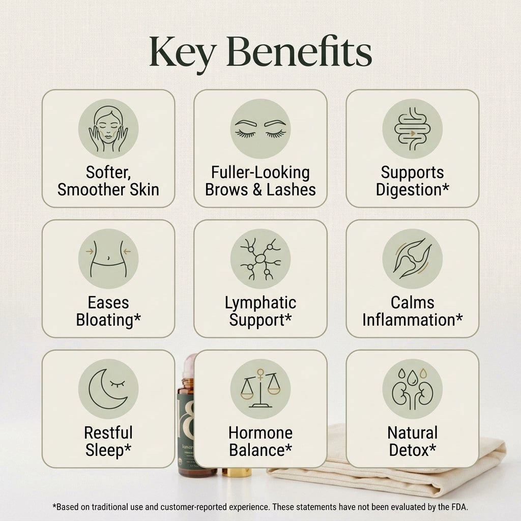 Key benefits: softer smoother skin, fuller-looking brows and lashes, supports digestion, eases bloating, lymphatic support, calms inflammation, restful sleep, hormone balance, natural detox. Based on traditional use and customer-reported experience; not evaluated by the FDA