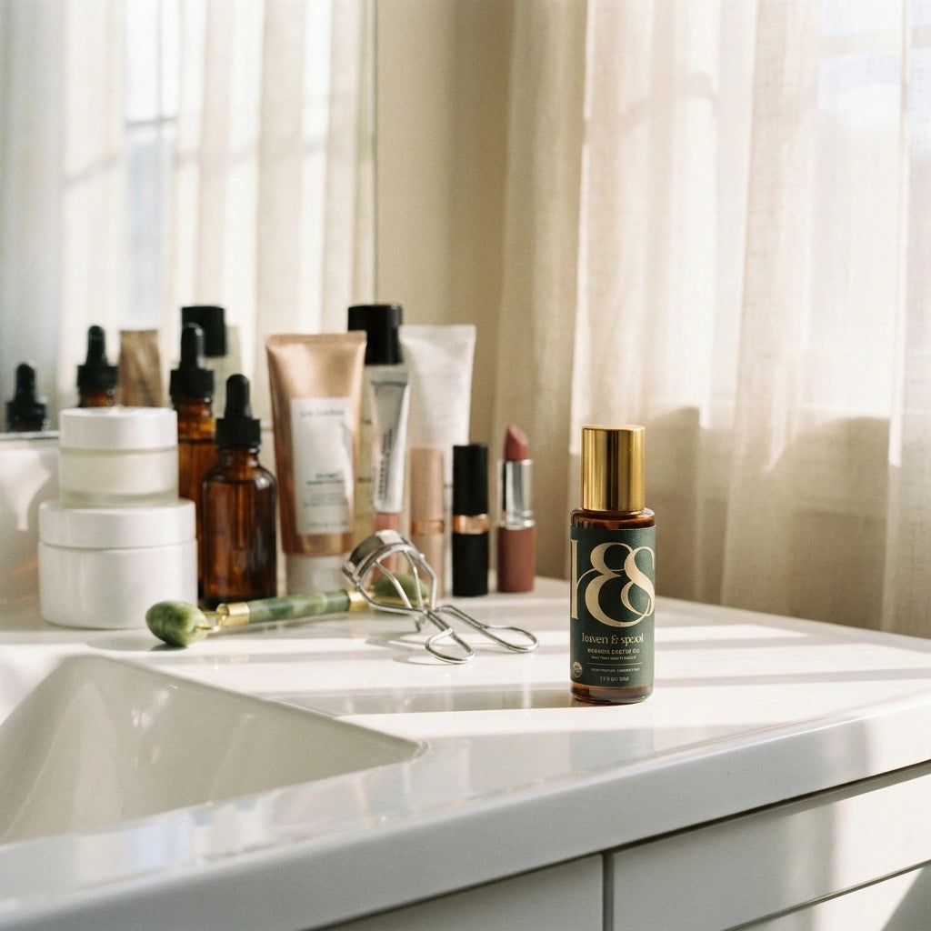 The roll-on alone on a sunny bathroom counter with a crowd of other beauty products behind it