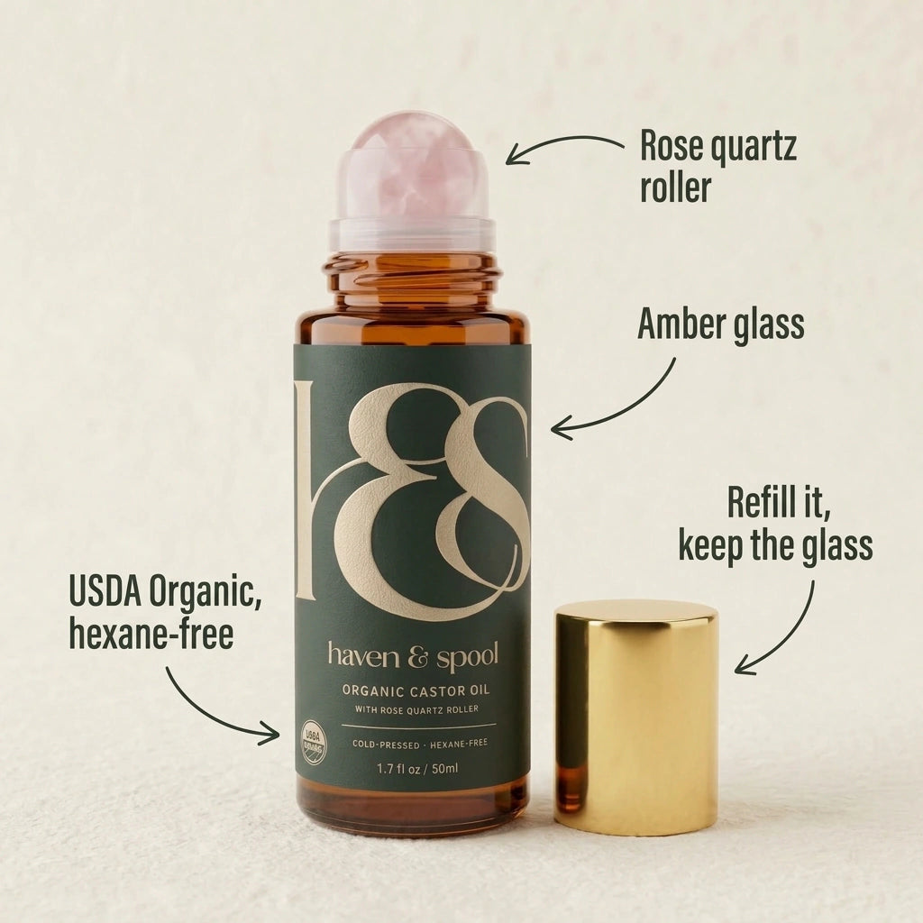 Callouts: rose quartz roller, amber glass, USDA Organic and hexane-free, refillable