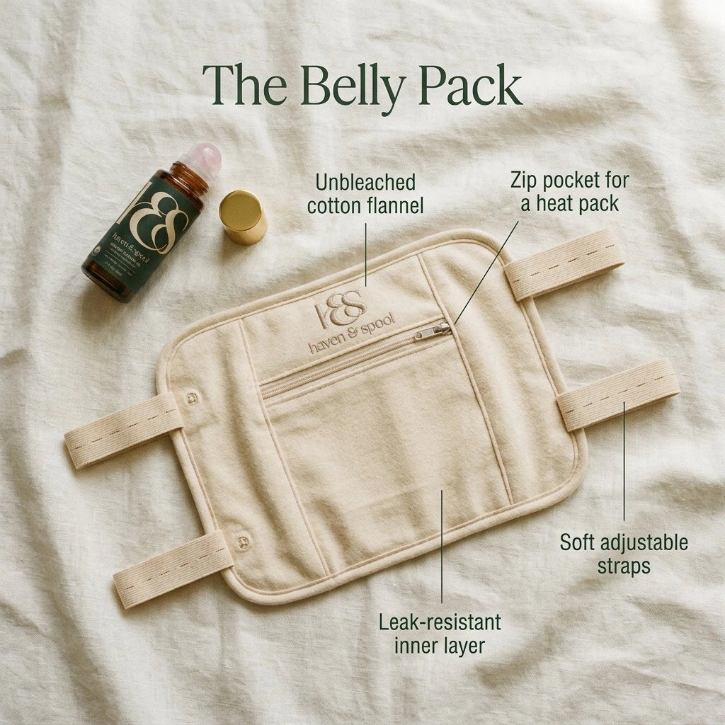 The Belly Pack: unbleached cotton flannel, zip pocket for a heat pack, leak-resistant inner layer, soft adjustable straps, next to the roll-on