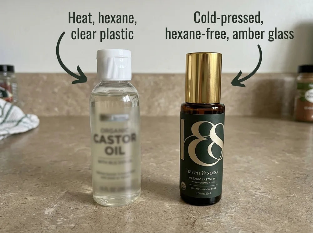 A cheap clear plastic castor oil bottle beside the Haven and Spool amber glass roll-on, labeled heat, hexane, clear plastic versus cold-pressed, hexane-free, amber glass