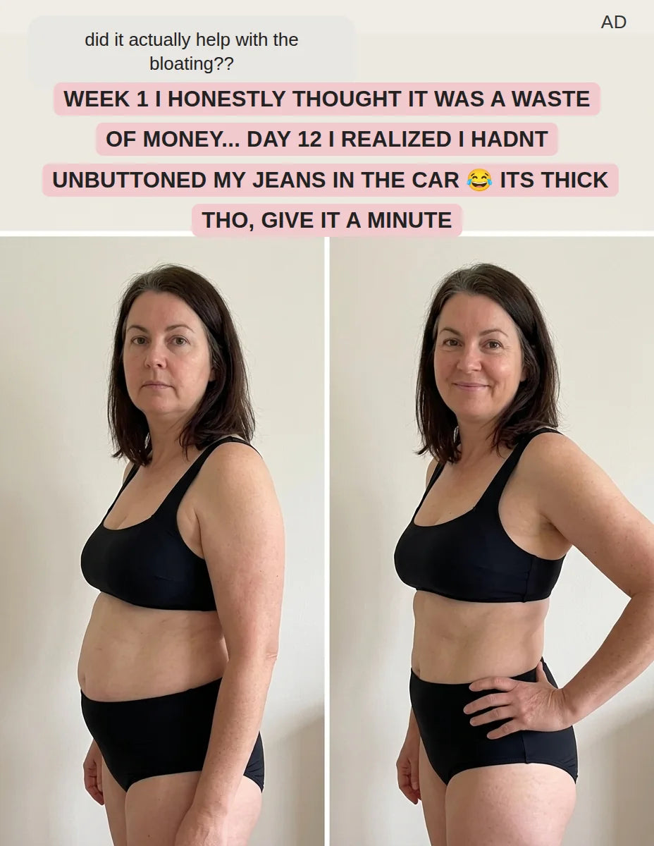 Instagram story: Jennifer's before and after phone photos against a plain wall, a slight bloat on the left and a flat stomach on the right, with her reply about bloating