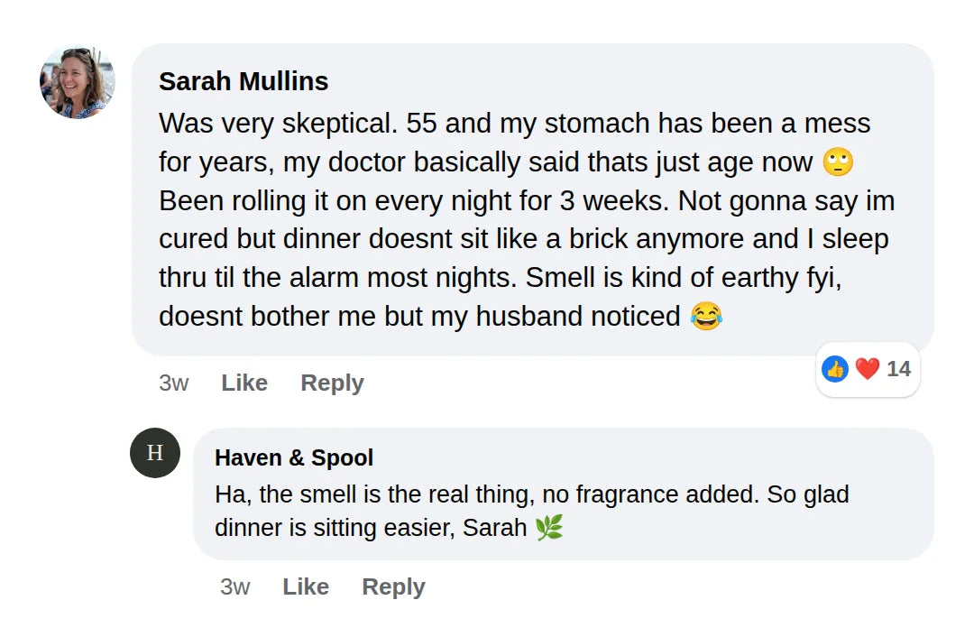 Facebook comment from Sarah about digestion and sleep after three weeks, with a reply from Haven and Spool